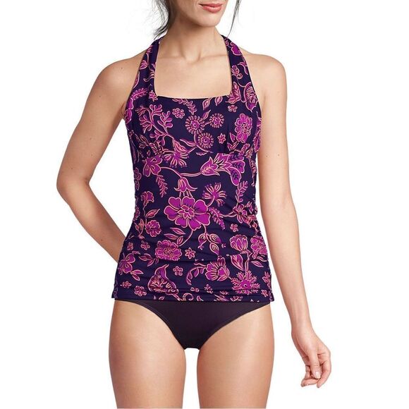 Land’s End Plus Standard halter tankini swim top blackberry ornate Floral Var - Picture 2 of 4